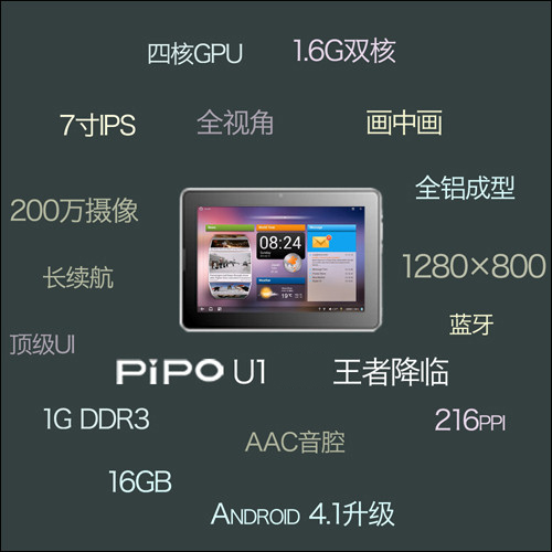 PIPO U1 IPS液晶(1280x800) 16GB RK3066 Android 4.1 王者降臨 Gray